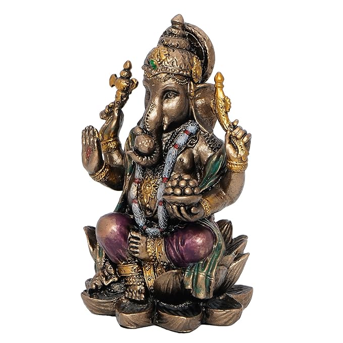 Ecraftindia Resin Bronze Chaturbhuj Lord Ganesha Idol Sitting on Lotus Flower | Ganesha Statue for Puja Room