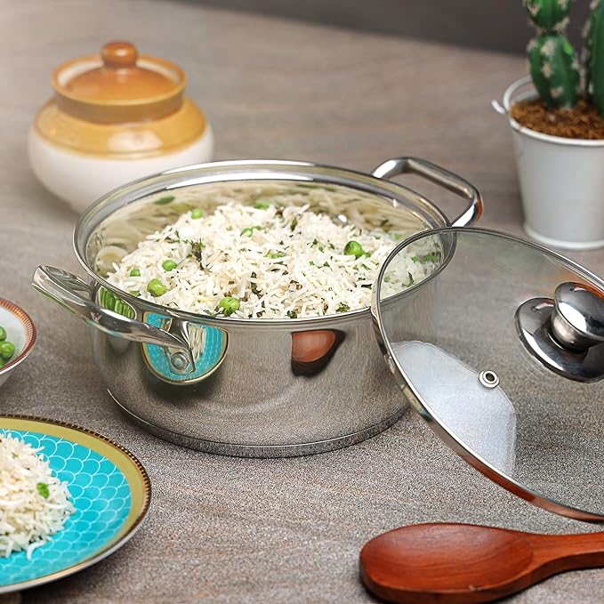 Vinod Roma Stainless Steel Saucepot with Glass Lid - 3 Litre, 20 cm | Sandwich Bottom | Rivetted Handle