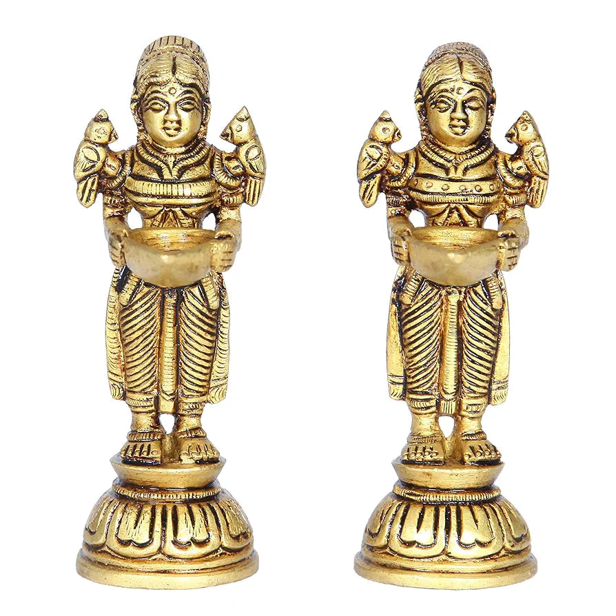 anciently Paavai Vilakku in Brass | Pavai Vilakku Pair Brass | Deep Lakshmi Pair Brass, Gold Colour, 2 Pieces 
