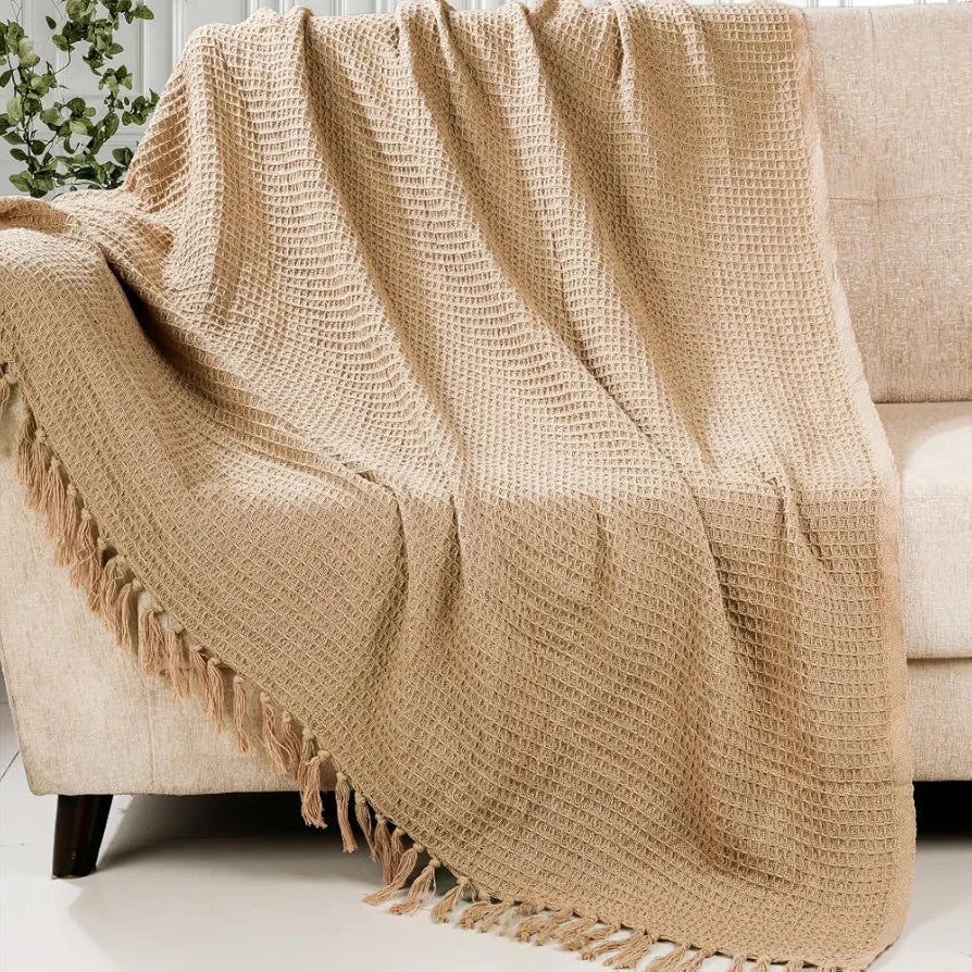 Homadorn Waffle Weave Cotton Throw Blanket  Colour Beige