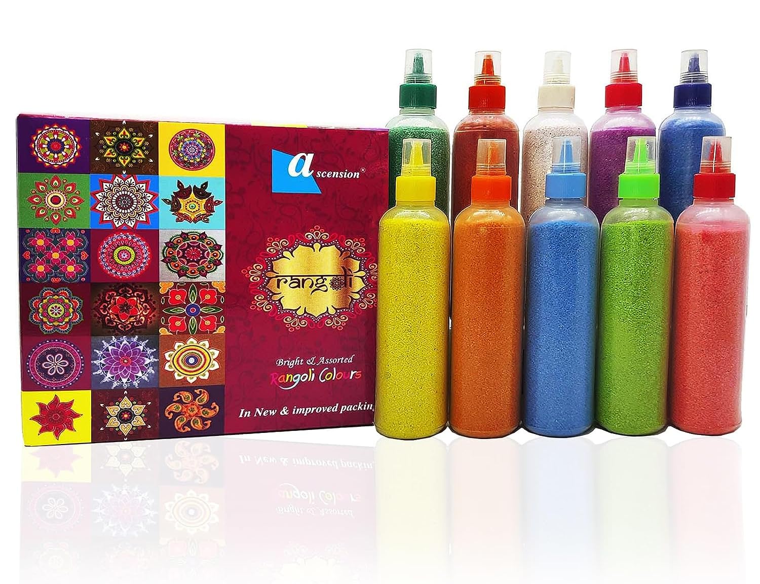 Ascension 10 Rangoli Powder Colors Bottles 4 Stencils and 2 Fillers Design Creativity Diwali Floor Rangoli Art Colours