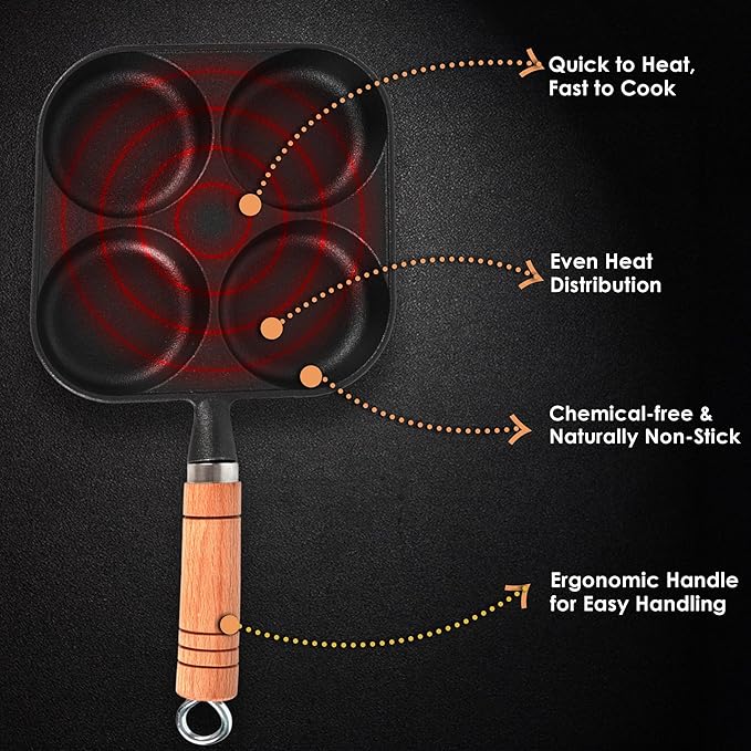 Solara Crown Stone Premium Pre-seasoned Cast Iron Uttapam Pan 4 Pit | Naturally Nonstick Toxin-free Uttappam Tawa With Wooden Handle