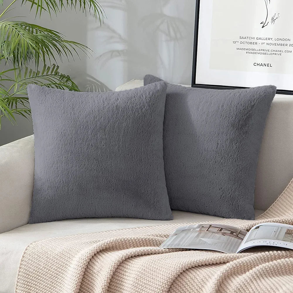 Luxe Home Cushion Cover One Side Rabbit Fur Plain Design Covers Set of 2 Colour Grey