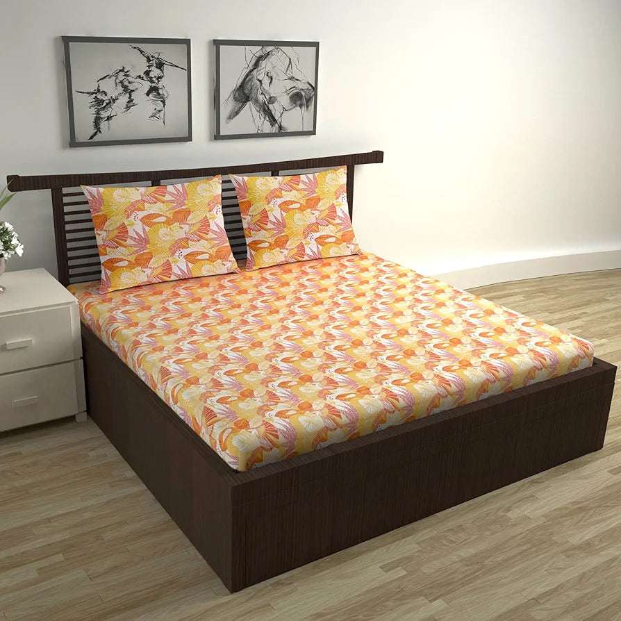 Divine Casa 144 TC 100% Pure Cotton Double Bedsheet with 2 Pillow Covers Floral Paisley Colour Mustard Orange