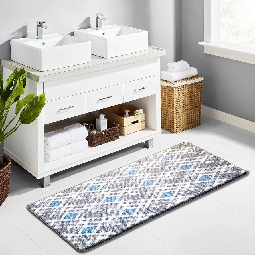 Luxe Home Columbo Anti-Fatigue Kitchen Mat Non-Slip Cushioned Comfort Mat Blue Plaid Pattern Standing Desk Mat Colour Check