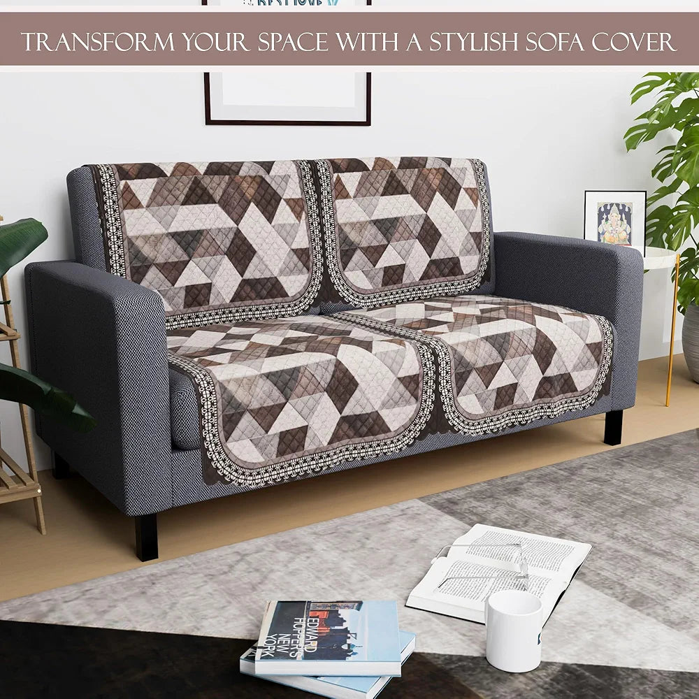 Kuber Industries Set of 4 Durable 2 Seater Sofa Cover Triangle Print White & Brown