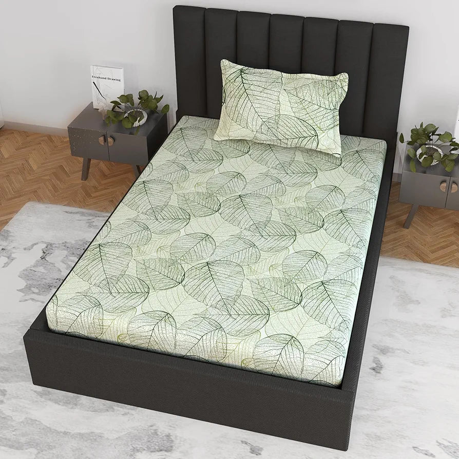 Divine Casa 100% Cotton Fitted Bedsheet Set for Single Bed Floral Print 144 TC Includes 1 Bedsheet & 1 Pillow Cover Colour Garden Green