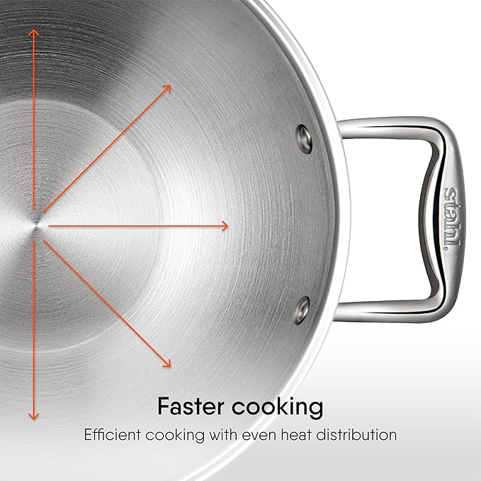 Stahl Artisan Triply Stainless Steel Kadhai With Lid, Kadai for Cooking | Induction & Gas Stove Compatible | 1.6 L | 20 Cm