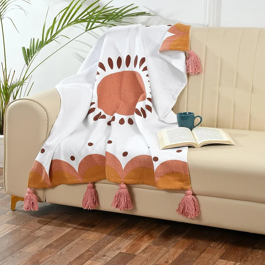 Sashaa World Printed Cotton Throw Colour Orange and Natural