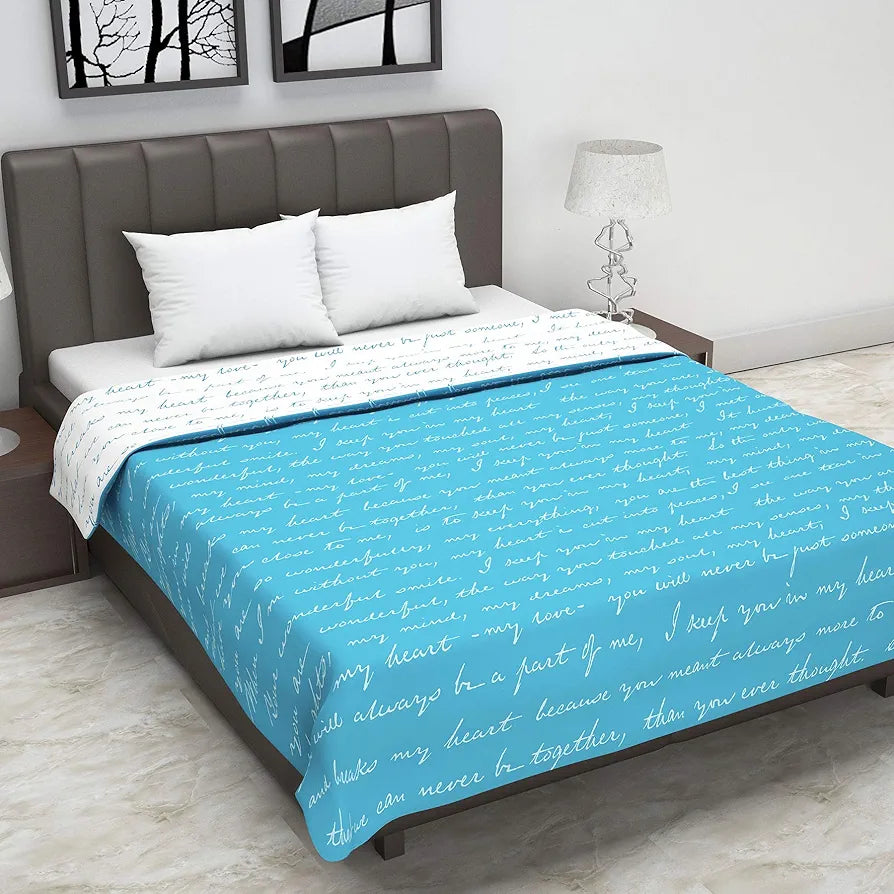 Divine Casa 120 GSM Microfiber Double Dohar Soft & Lightweight Throw Blanket Typography Pattern Colour Blue Topaz