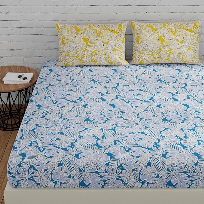 Huesland by Ahmedabad Cotton 144 TC Cotton Bedsheet for Double Bed King Size with 2 Pillow Covers | Blue & Yellow