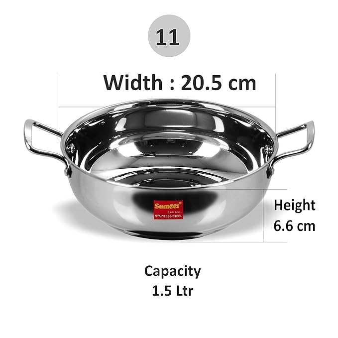 Sumeet Stainless Steel Induction Bottom Induction & Gas Stove Friendly Kadhai Size 11 (1.5 Liter) Silver