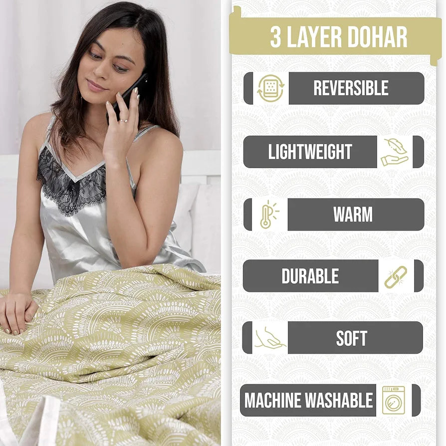 Divine Casa 120 GSM Microfiber Double Dohar Soft & Lightweight Throw Blanket Floral Burst Pattern Colour Soybean & White