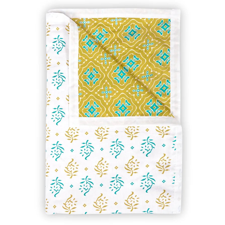 Divine Casa 120 GSM Cotton Reversible Dohar Single Bed Size Jaipuri Abstract Printed Cotton Blanket TC - 120 Colour Warm Olive and White