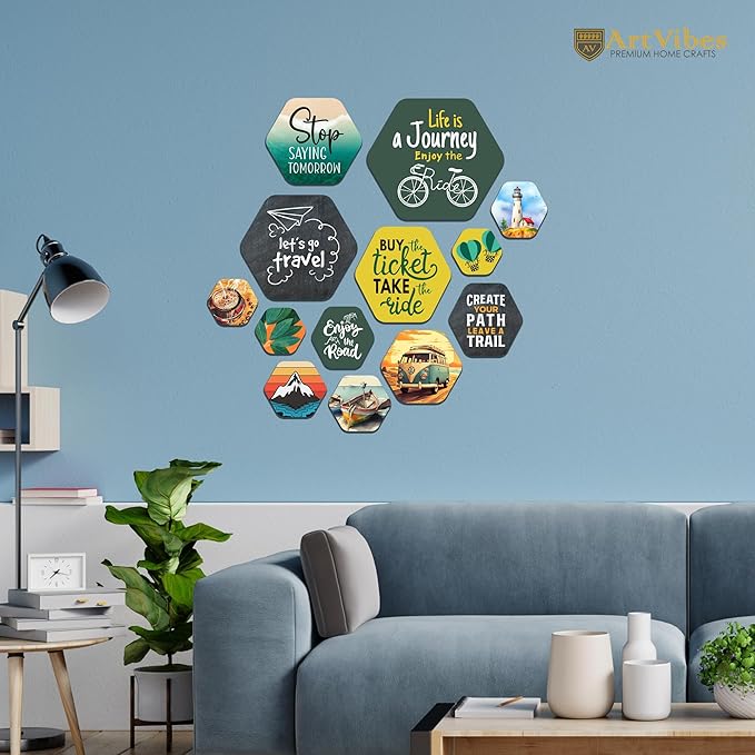 Artvibes Decorative Modern Wooden Wall Hanging Decoration for Home | Quotes Decor Item | Pack of 13 Pieces