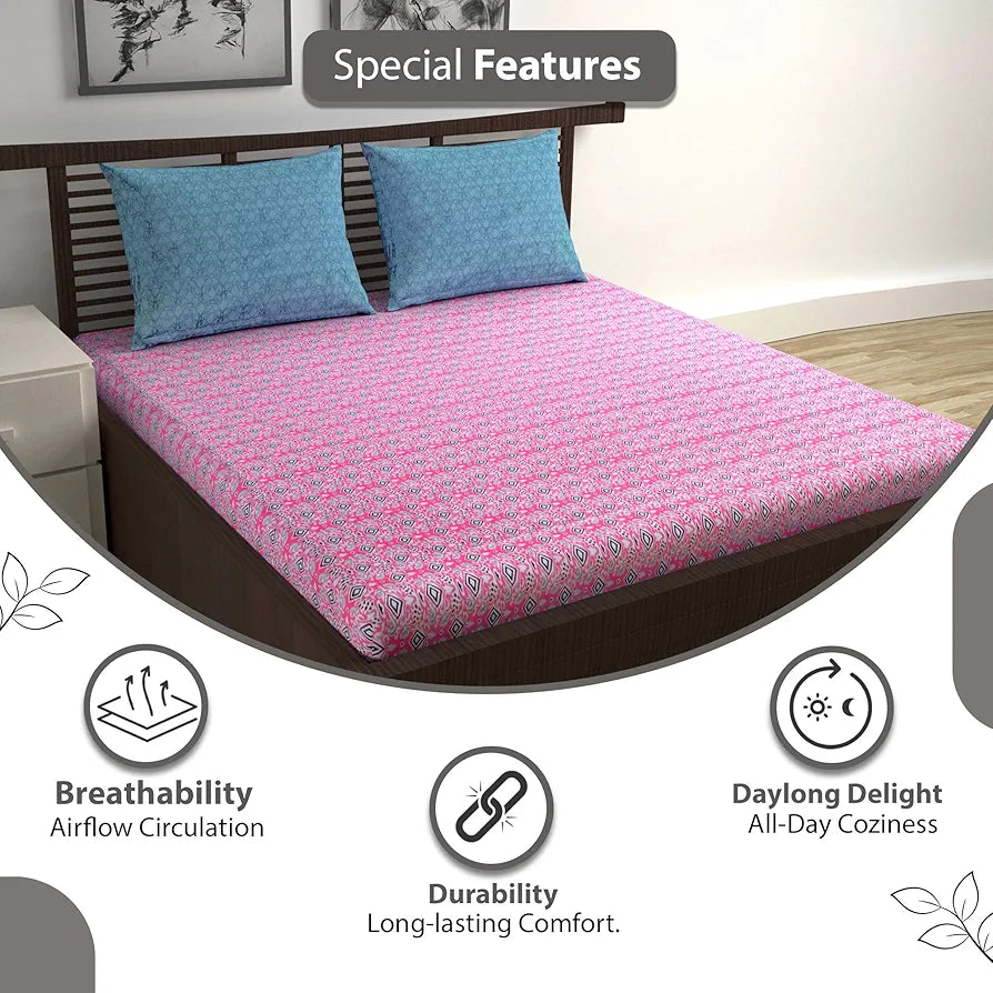 Divine Casa 144 TC 100% Pure Cotton Double Bedsheet with 2 Pillow Covers Geometric Petal Colour Pink Fuchsia