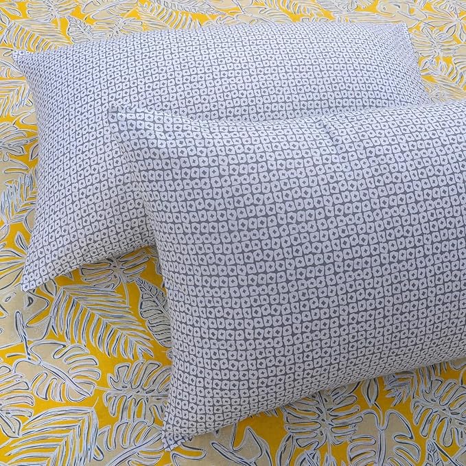 Huesland by Ahmedabad Cotton 144 TC King Size Bedsheet Cotton with 2 Pillow Covers | Yellow & Grey