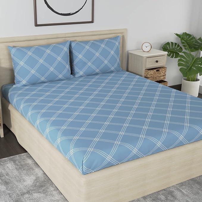 Huesland by Ahmedabad Cotton 186 TC Cotton Bedsheets for King Size Bed with 2 Pillow Covers | Blue