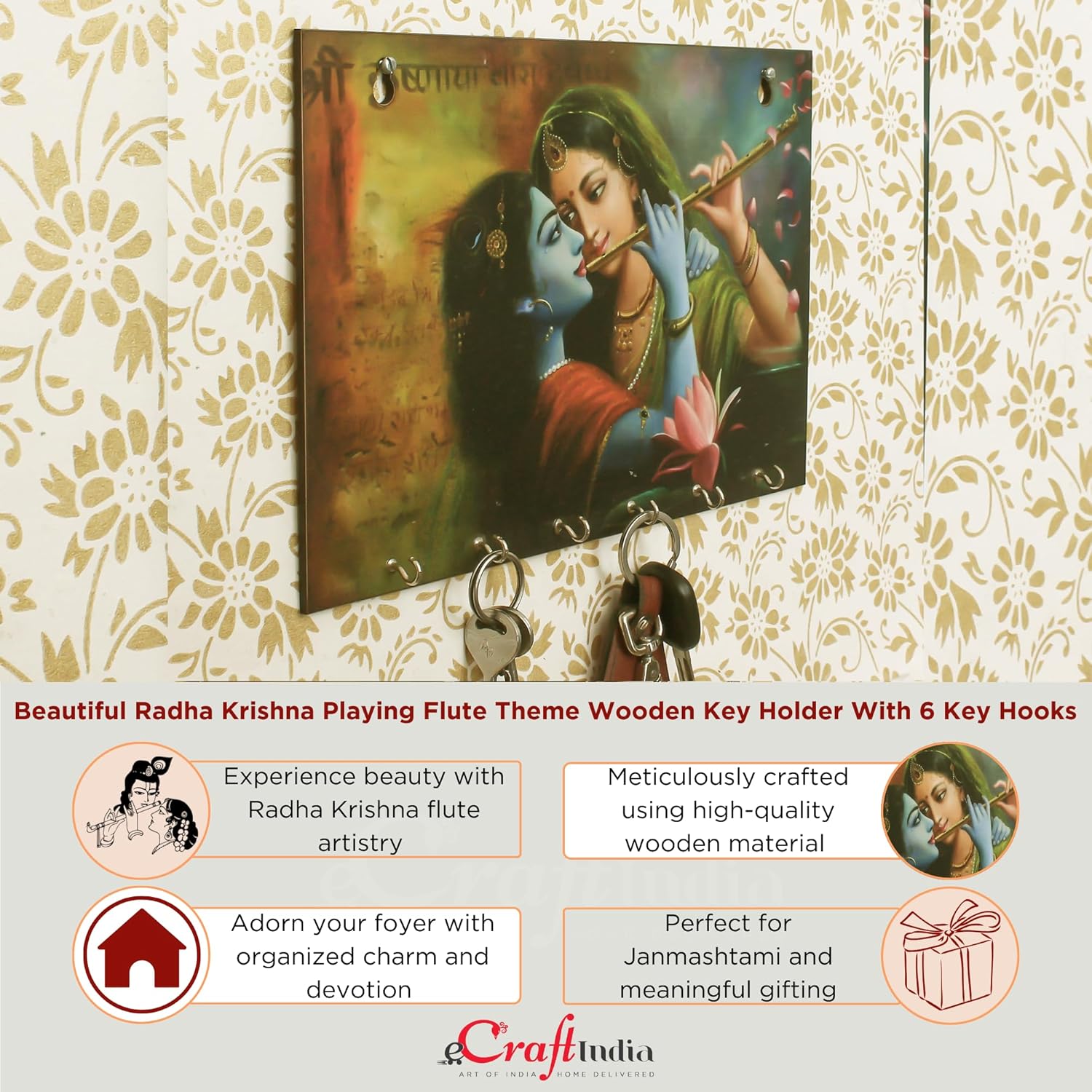 Ecraftindia Radhe Krishna Theme Wooden Key Holder With 6 Hooks