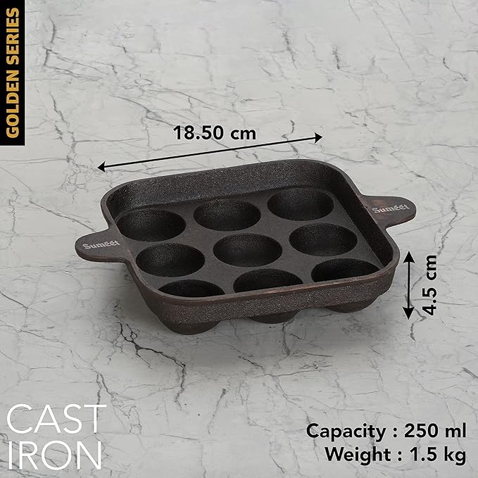 Sumeet Super Smooth Gold Series Pre Seasoned Cast Iron Appam Patra for Paniyaram | 18.50cm 1.5kg 9 Pit.
