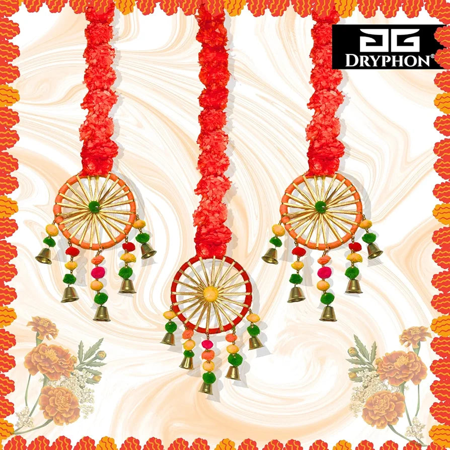 Artificial Marigold Flowers for Decoration with Pom Pom Ring Bell Hanging Orange