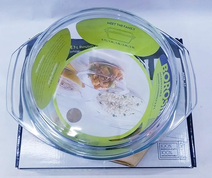 Borosil Solid Glass Casserole Oven and Microwave Safe Serving Bowl with Lid | Transparent | 2 Litres