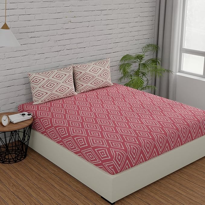 Huesland by Ahmedabad Cotton 144 TC King Size Bedsheet Cotton with 2 Pillow Covers | Peach Pink & White