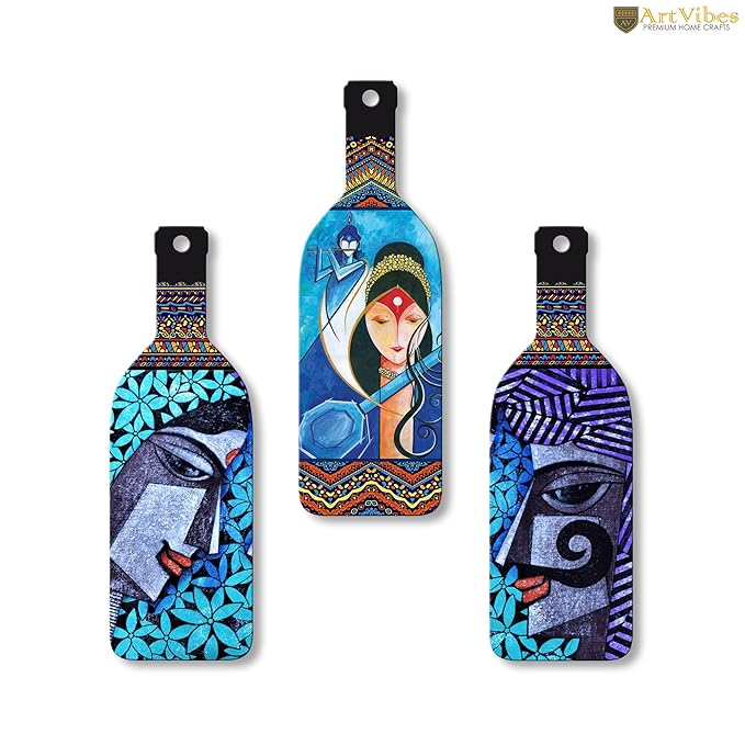 Artvibes Abstract Art Radha Krishna Wooden Wall Hanging for Home Decor | Set of 3