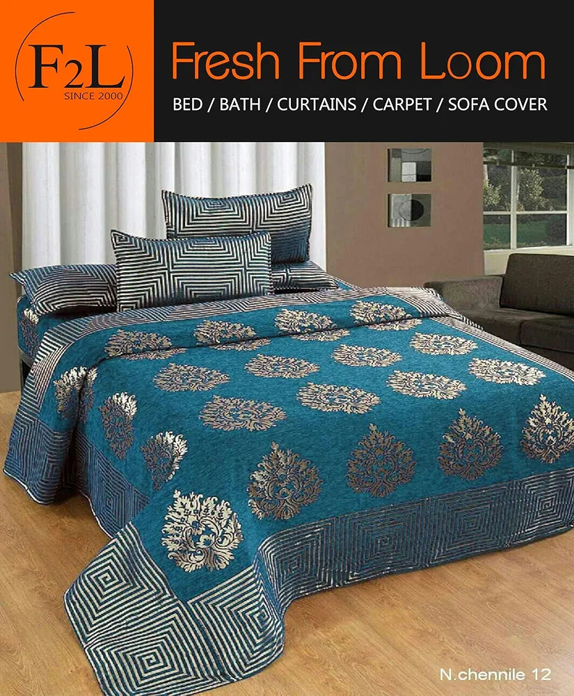 Fresh From Loom Chenille Velvet 500 TC Double Bed King Size Bedsheet Cum Bed Spread with 2 Pillow Covers Jhumka Skyblue