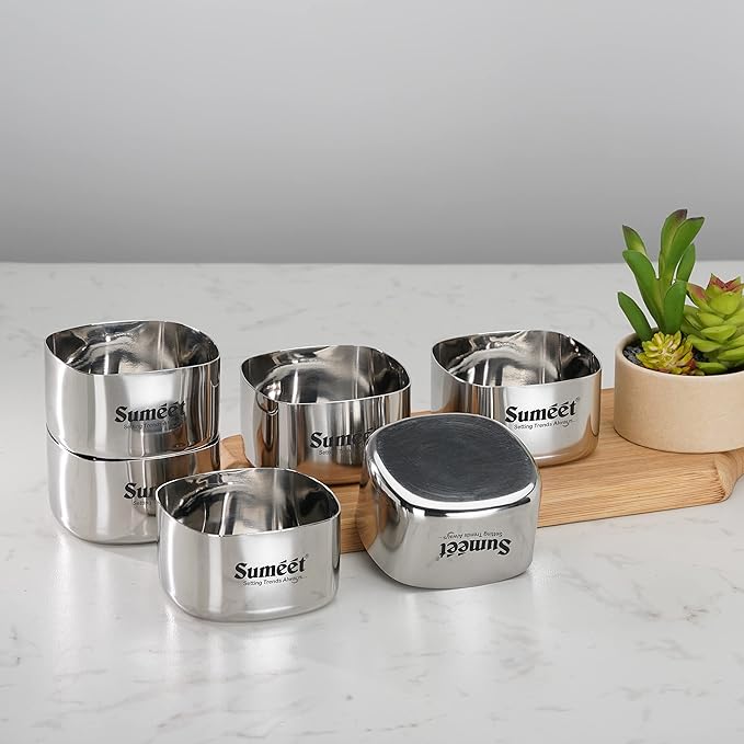 Sumeet Heavy Gauge Stainless Steel Square Bowl Set of 6pc 200 ml Each Silver