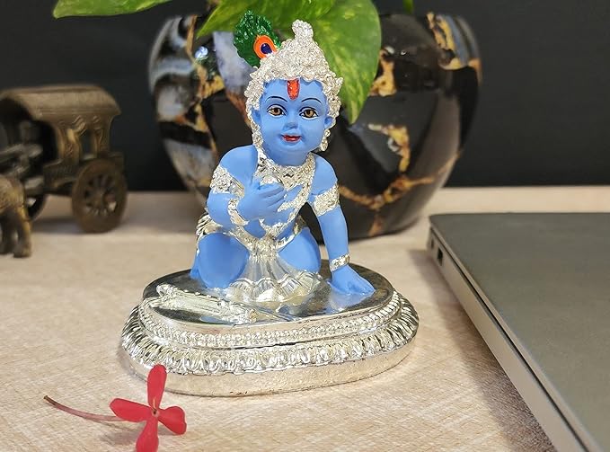 Gold Art India Ceramic Krishna Idol Standing Krishna Playing Basuri Flute Kanah JI Silver and Blue