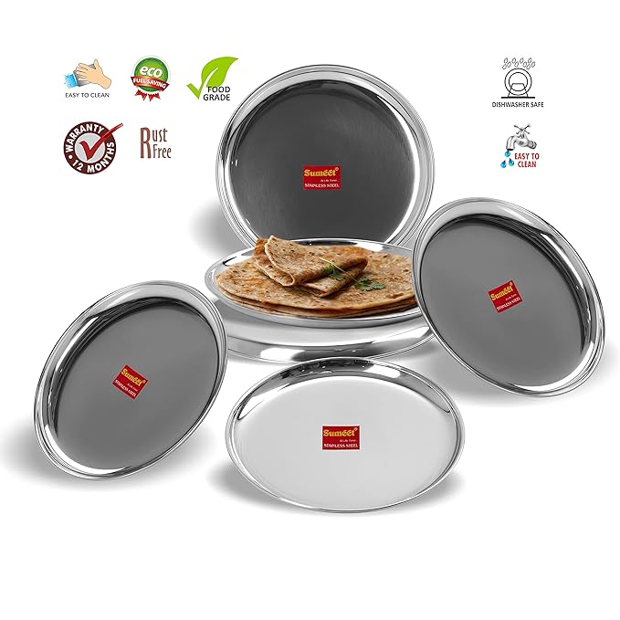 Sumeet Stainless Steel Heavy Gauge Shallow Salad Plates 18.5 cm Set of 6pc