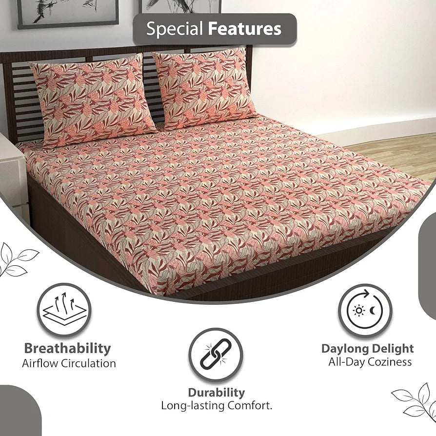 Divine Casa 144 TC 100% Pure Cotton Queen Size Double Bedsheet with 2 Pillow Covers Floral Breeze Colour Coral Beige