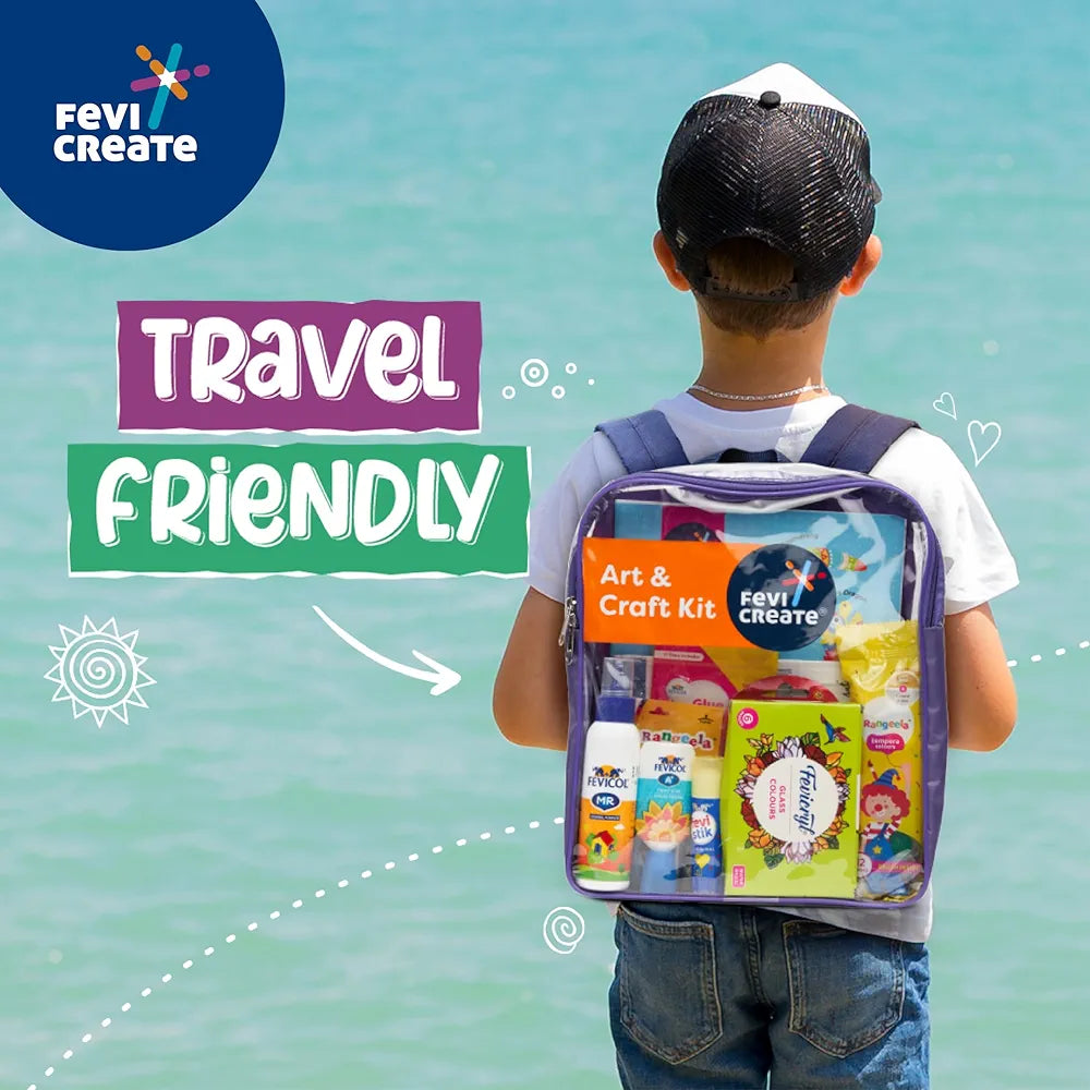 Fevicreate Art & Craft Kit | with Transparent Backpack | Value Pack with Crafting Essentials for Children | School Kit | Colours, Canvas, Activity Book, Glues | Gift for Boys & Girls Ages 5+