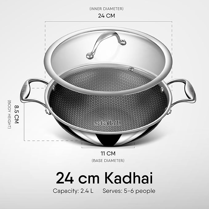 Stahl Artisan Hybrid Triply Non Stick Kadai With Lid, Stainless Steel Kadai for Cooking | Induction & Gas Stove Compatible | 2.4 L | 24 Cm