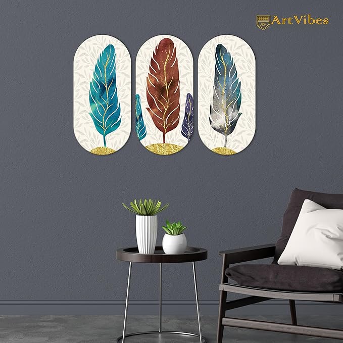 Artvibes Feather Wooden Wall Hanging Decoration Items for Home | Set of 3
