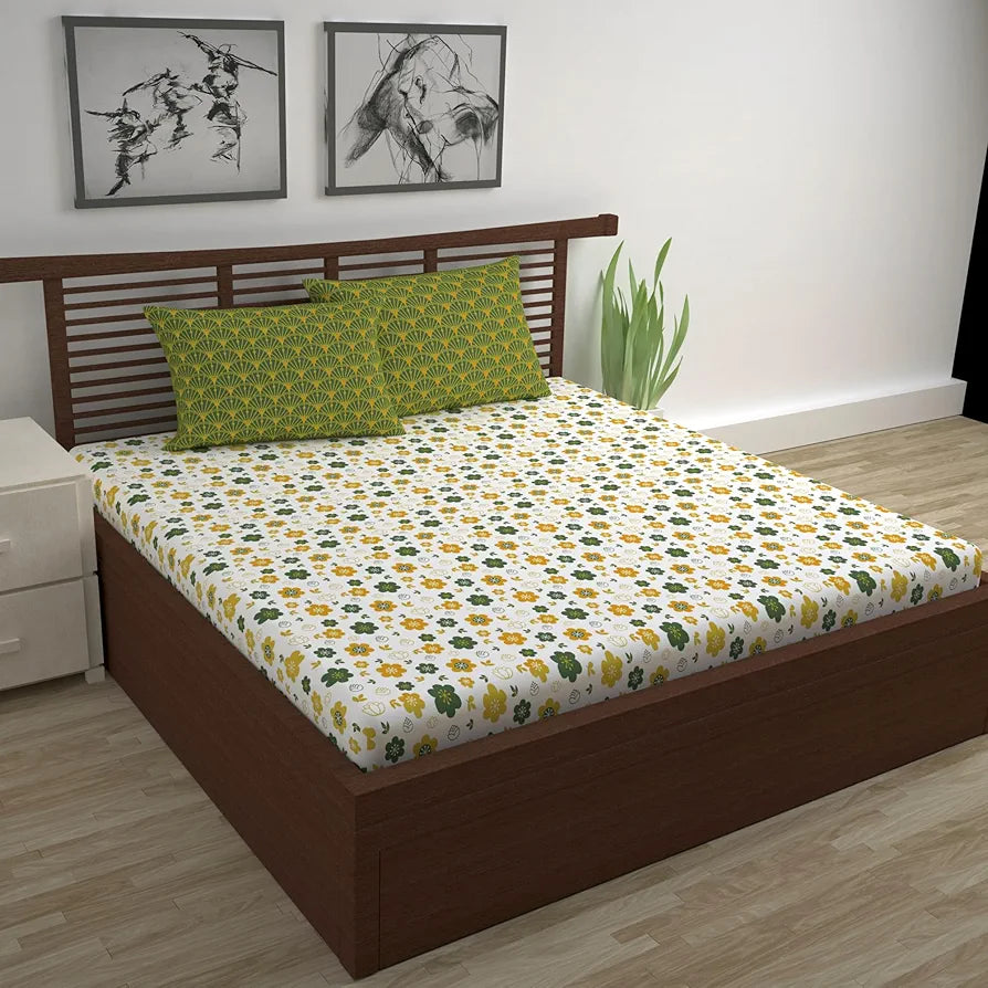 Divine Casa Double Size Bedsheet for Double Bed 144 TC Pure Cotton Queen Size with 2 Pillow Covers Floral Colour Mustard Green