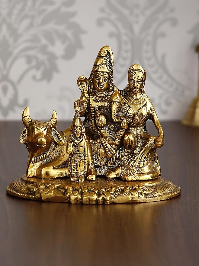 Ecraftindia Golden Metal Handcrafted Lord Shiva, Parvati, Kartik, and Ganesha Idol Sitting on Nandi Animal