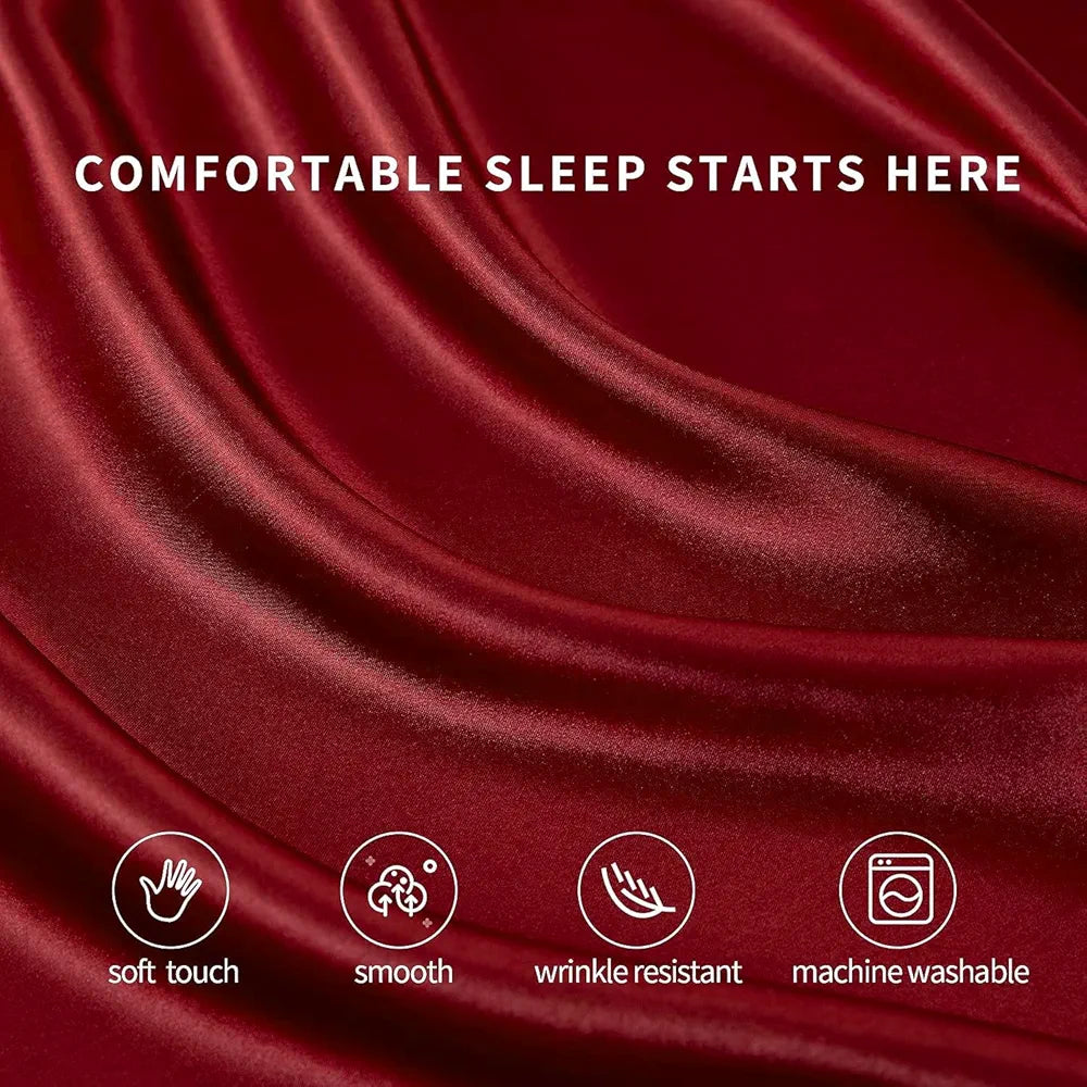 Cloth Fusion Satin Elastic Fitted Bedsheet for Double Bed King Size with 2 Pillow Covers H603 280 TC Crimson Red