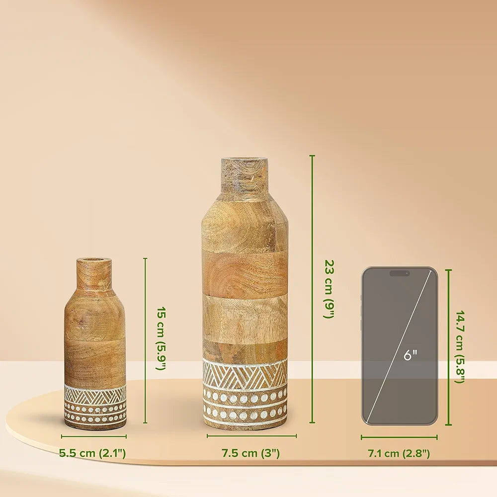 Behoma Boho Engraved Design Wooden Flower Vase Set of 2 Bottle Shape Natural Light Brown Finish Flowers not Included