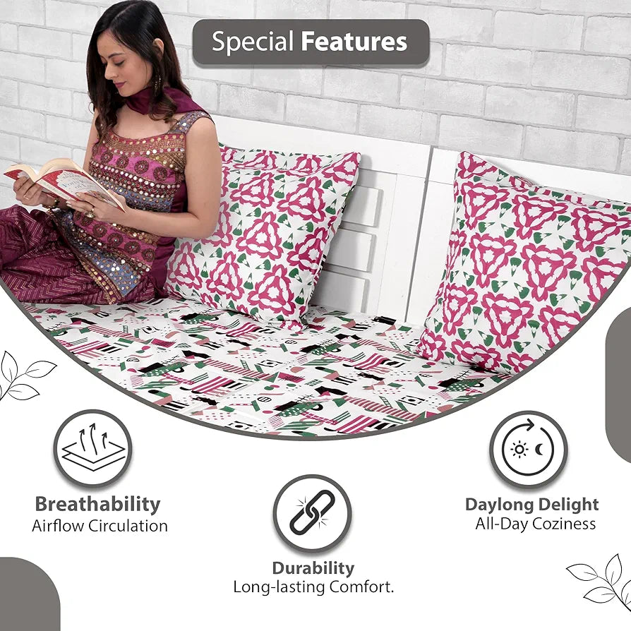 Divine Casa Bedsheet for Single Size Bed 144 TC Cotton Bedsheet for Single Size Bed with 1 Pillow Cover  Abstract Colour Pink & White