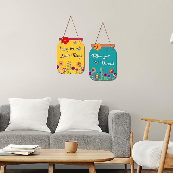 Artvibes Follow Your Dreams Quote Decorative Wall Art Mdf Wooden Wall Hanger for Living Room | Canvas Painting | Set of 2