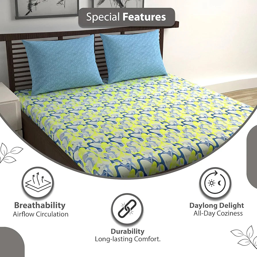 Divine Casa 144 TC 100% Pure Cotton Queen Size Double Bed Bedsheet with 2 Pillow Covers Geo Petals Colour Sky Blue Lemon