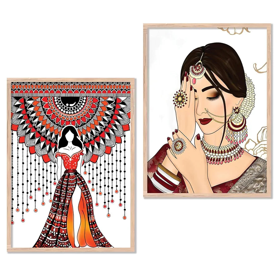 Kotart Indian Woman Digital Painting with Frame Traditional Painting Pack of 2