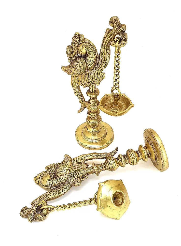 Two Moustaches 7 Inches Peacock on Pillar Design Brass Diya Pair