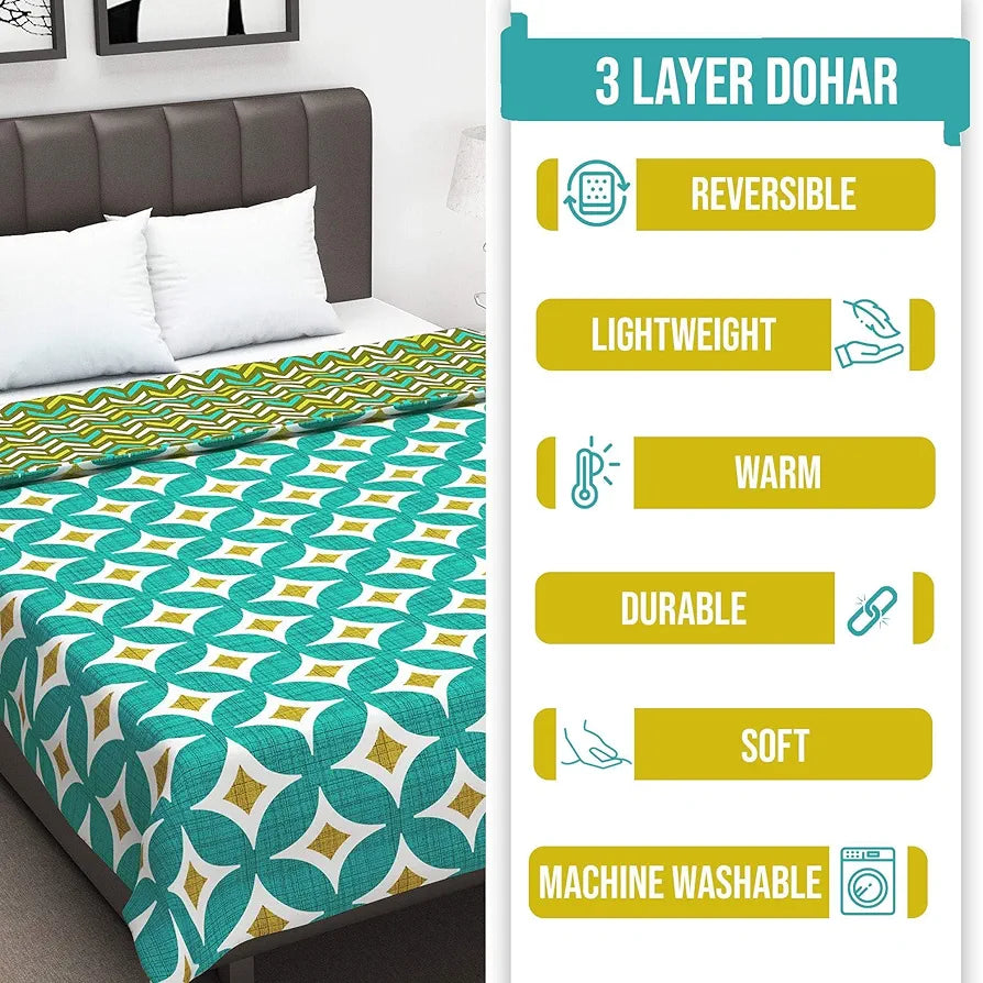 Divine Casa Glace Cotton Single Bed Dohar 120 GSM Lightweight AC Blanket Reversible Summer Quilt Colour Turquoise Blue & Leaf Green