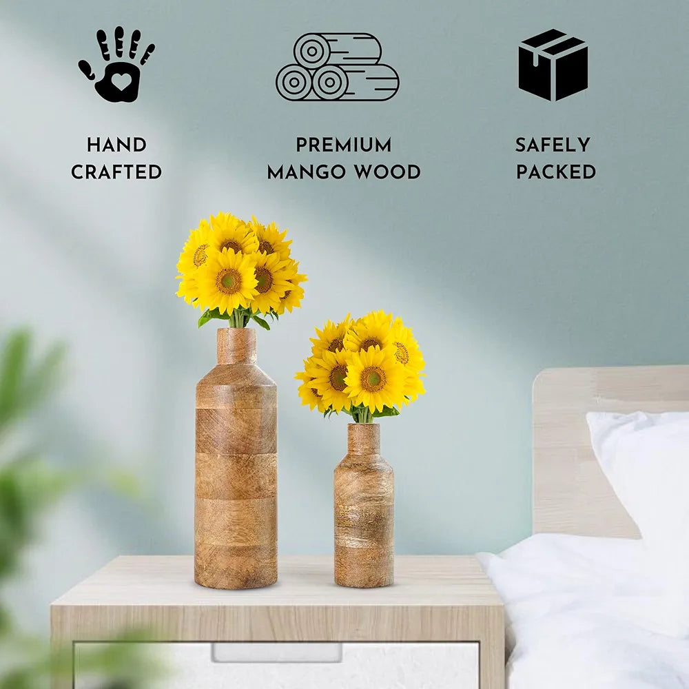 Behoma Wooden Flower Vase Set of 2 Bottle Shape Mango Wood Vases Height Natural Light Brown Flowers not Included