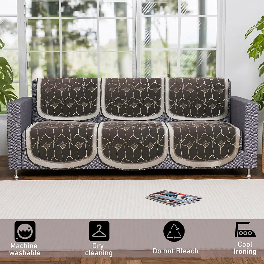 Kuber Industries Set of 6 Durable 3 Seater Sofa Cover Arabica Look Brown & Golden Foil