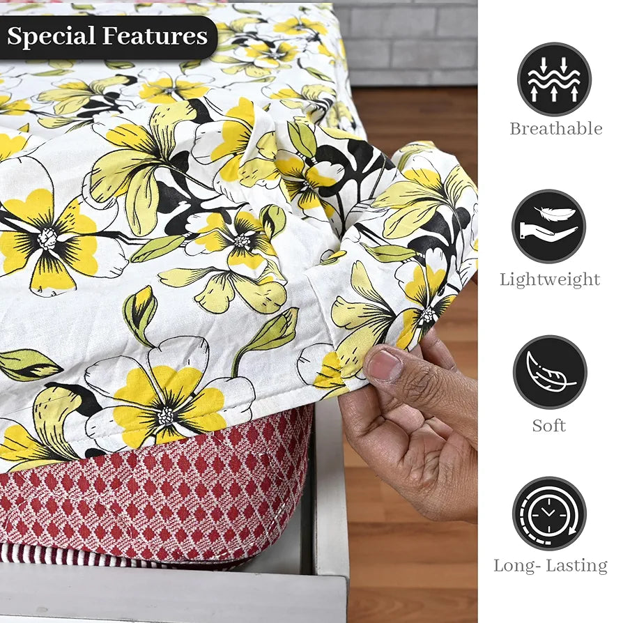 Divine Casa Floret 100% Cotton King Fitted Bedsheet 144 TC Deep Pocket Design Soft & Breathable Fabric Colour Daffodil Yellow