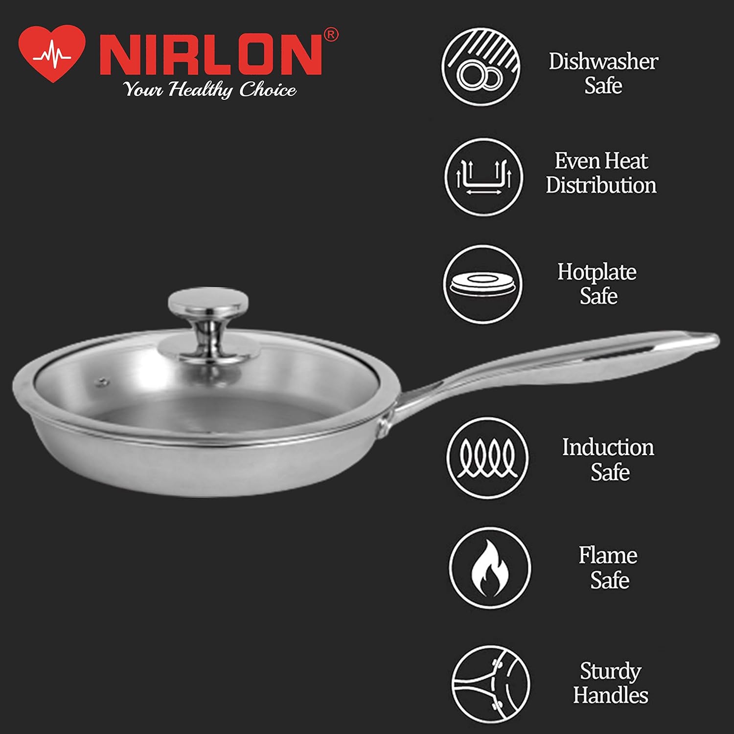 Nirlon Platinum Triply Stainless Steel Fry Pan With Glass Lid- 20 Cm